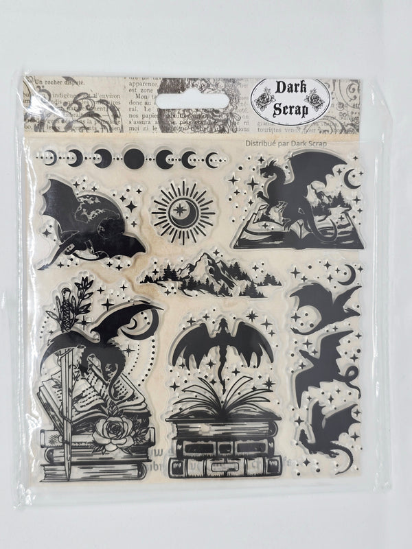 Tampon dragon, livres, lunes - T128